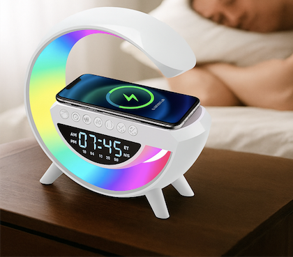 Cargador Inalámbrico 4 en 1 – Carga, Luz, Música y Hora en un solo dispositivo