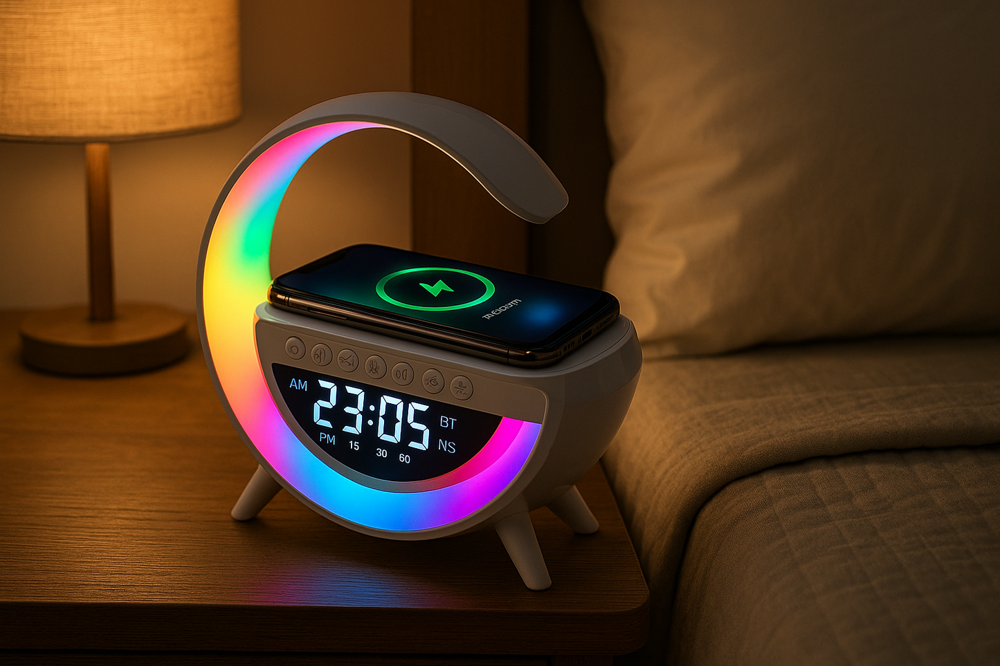 Cargador Inalámbrico 4 en 1 – Carga, Luz, Música y Hora en un solo dispositivo