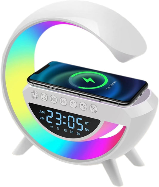 Cargador Inalámbrico 4 en 1 – Carga, Luz, Música y Hora en un solo dispositivo